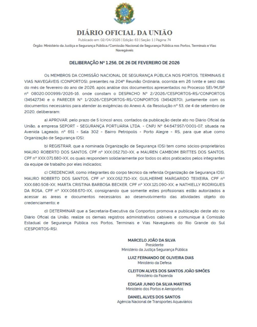 Deliberação Nº 1256 – 26/02/2026