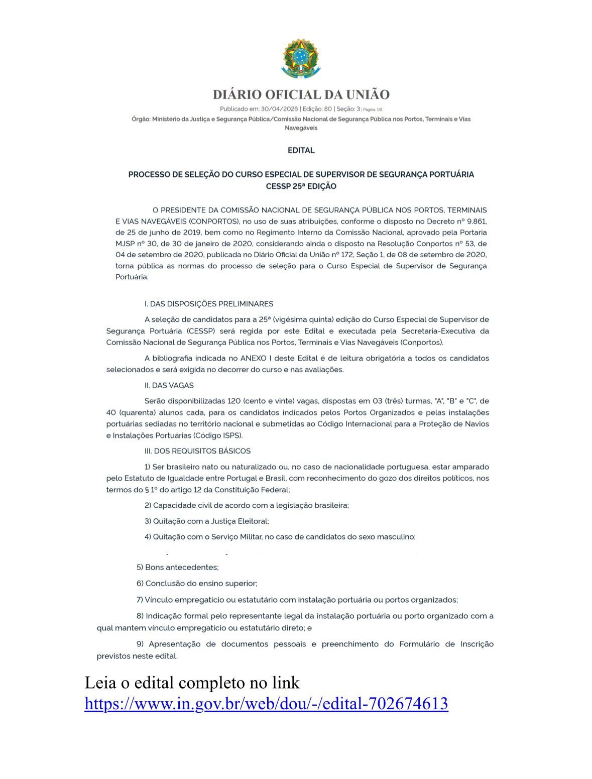 PUBLICAÇÃO EDITAL – PROCESSO DE SELEÇÃO CESSP 25º EDIÇÃO